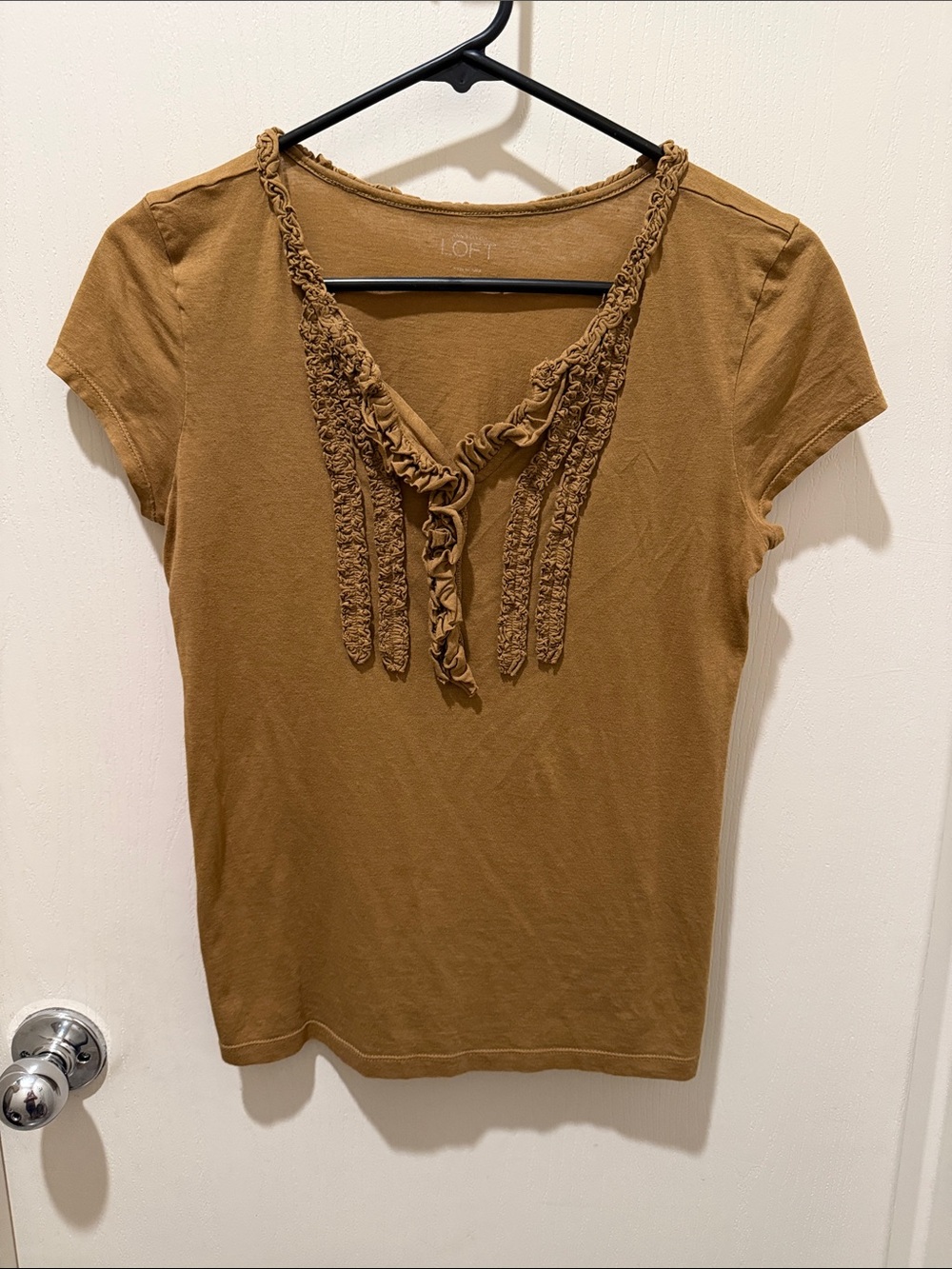 LOFT Short Sleeve Ruffle-Trim Tee in Camel Brown